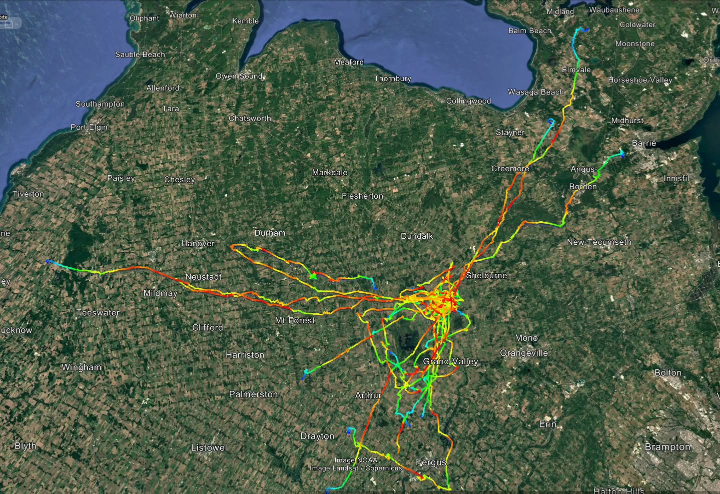 Cross-country flight tracks flown from the SOGA field